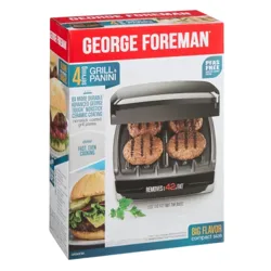 George Foreman Grill & Panini, 4 servings, with advanced nonstick ceramic coating, PFAS-free, promising fast cooking and fat reduction.