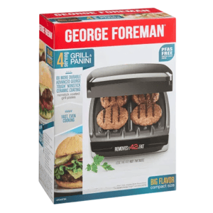 George Foreman Grill & Panini, 4 servings, with advanced nonstick ceramic coating, PFAS-free, promising fast cooking and fat reduction.