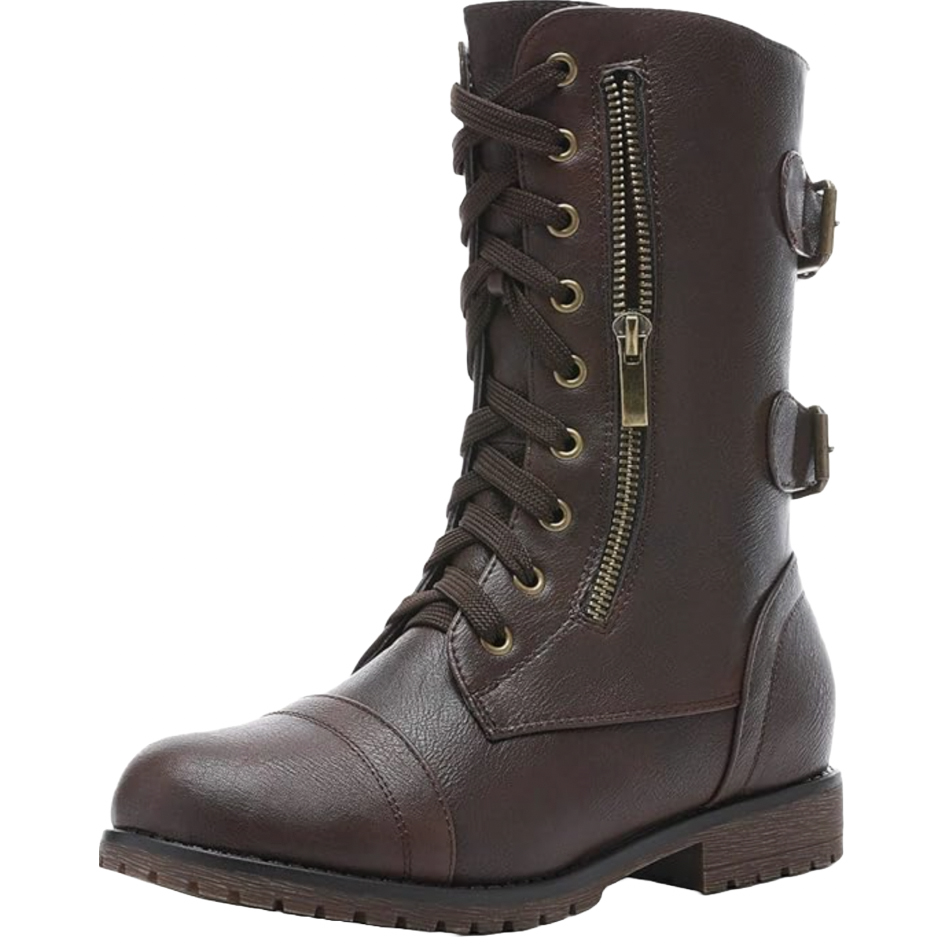Brown mid-calf combat boots featuring laces up the front, a side zipper, and adjustable buckles.