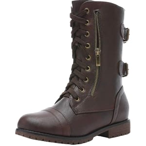 Brown mid-calf combat boots featuring laces up the front, a side zipper, and adjustable buckles.