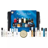 Macy's Favorite Scents Sampler Set for Him includes multiple fragrance samples, such as Montblanc Explorer, Versace Eros, and more, accompanied by a sandalwood candle and a toiletry bag.