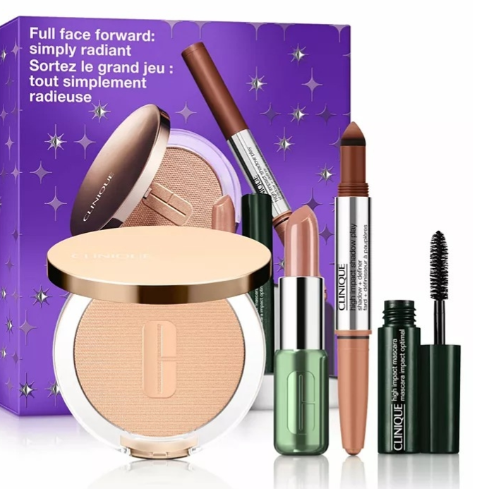 Clinique makeup set featuring a face powder, lipstick, dual-ended eye pencil, and mascara in a purple box with “Full face forward: simply radiant” text.