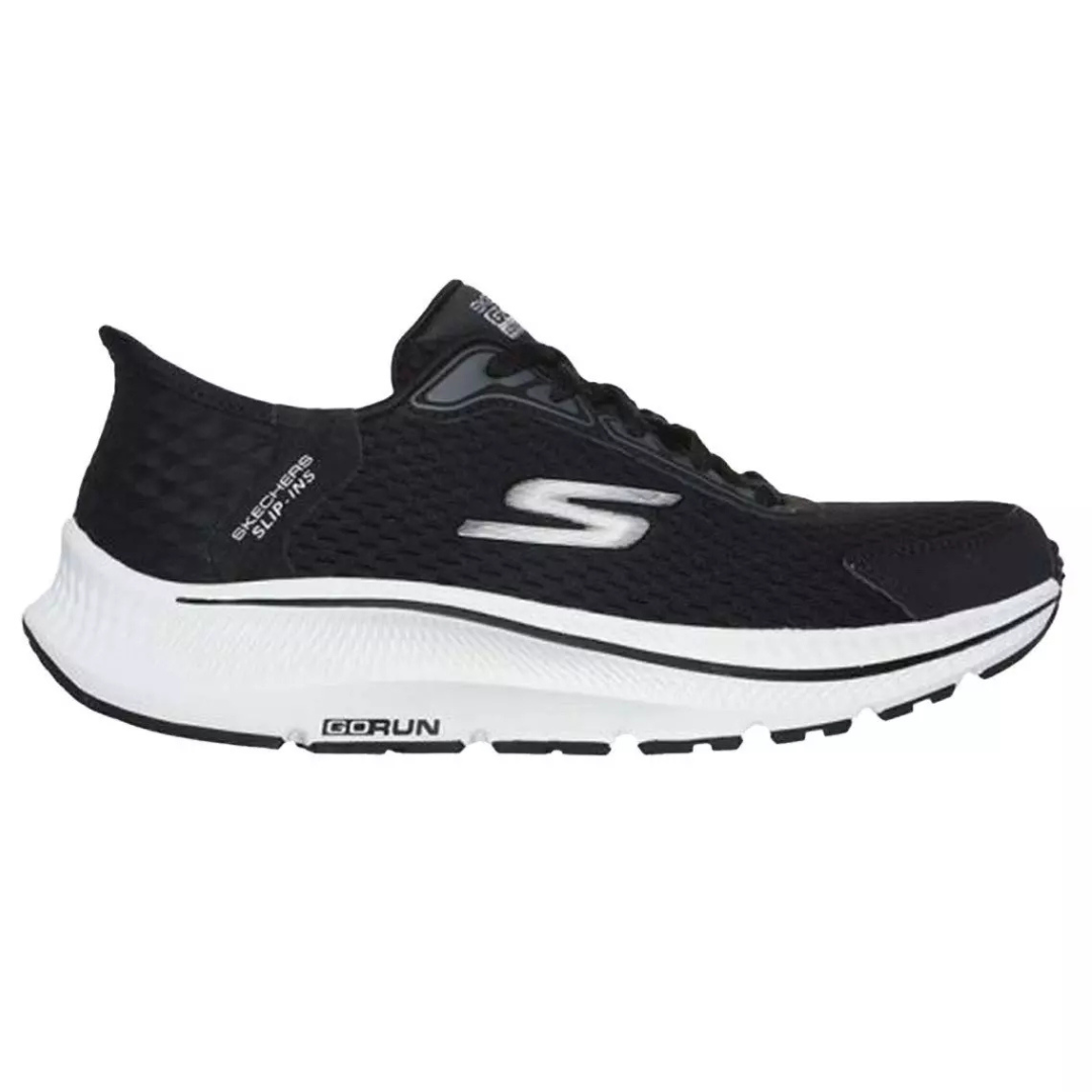 Black Skechers running shoe featuring a slip-in design with a cushioned white sole and \“GOrun\“ branding on the outsole.