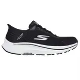 Black Skechers running shoe featuring a slip-in design with a cushioned white sole and \“GOrun\“ branding on the outsole.
