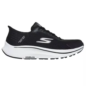 Black Skechers running shoe featuring a slip-in design with a cushioned white sole and \“GOrun\“ branding on the outsole.