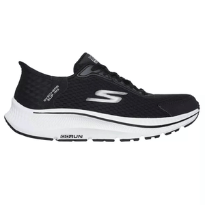 Black Skechers running shoe featuring a slip-in design with a cushioned white sole and \“GOrun\“ branding on the outsole.