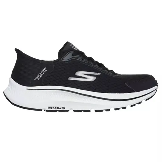 Black Skechers running shoe featuring a slip-in design with a cushioned white sole and \“GOrun\“ branding on the outsole.