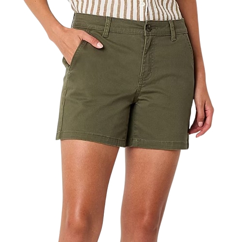 A person is wearing olive green shorts with a button and zipper closure, front pockets, and belt loops, paired with a striped shirt.