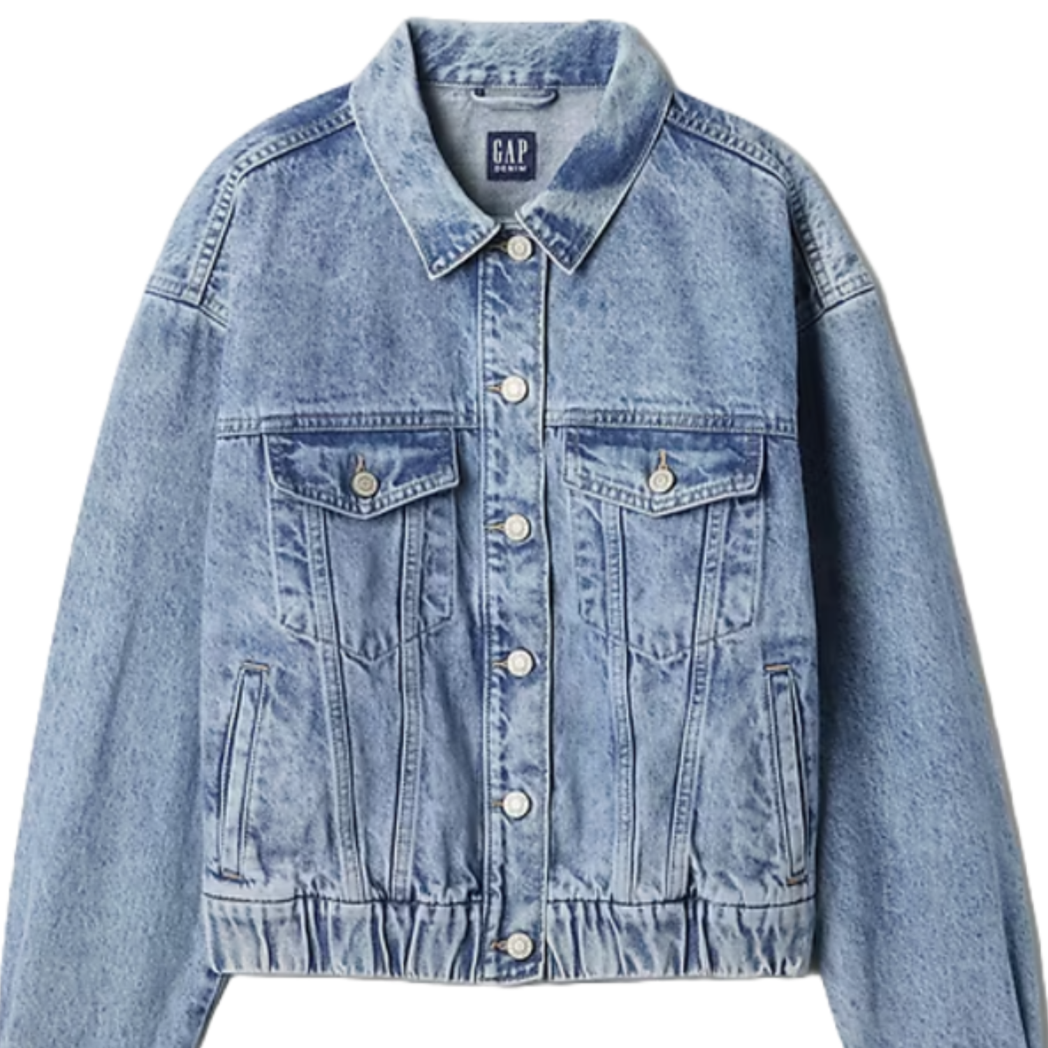 A light blue denim jacket with a button-up front, featuring chest pockets with flaps and buttons, a collar, and an elasticated hem.