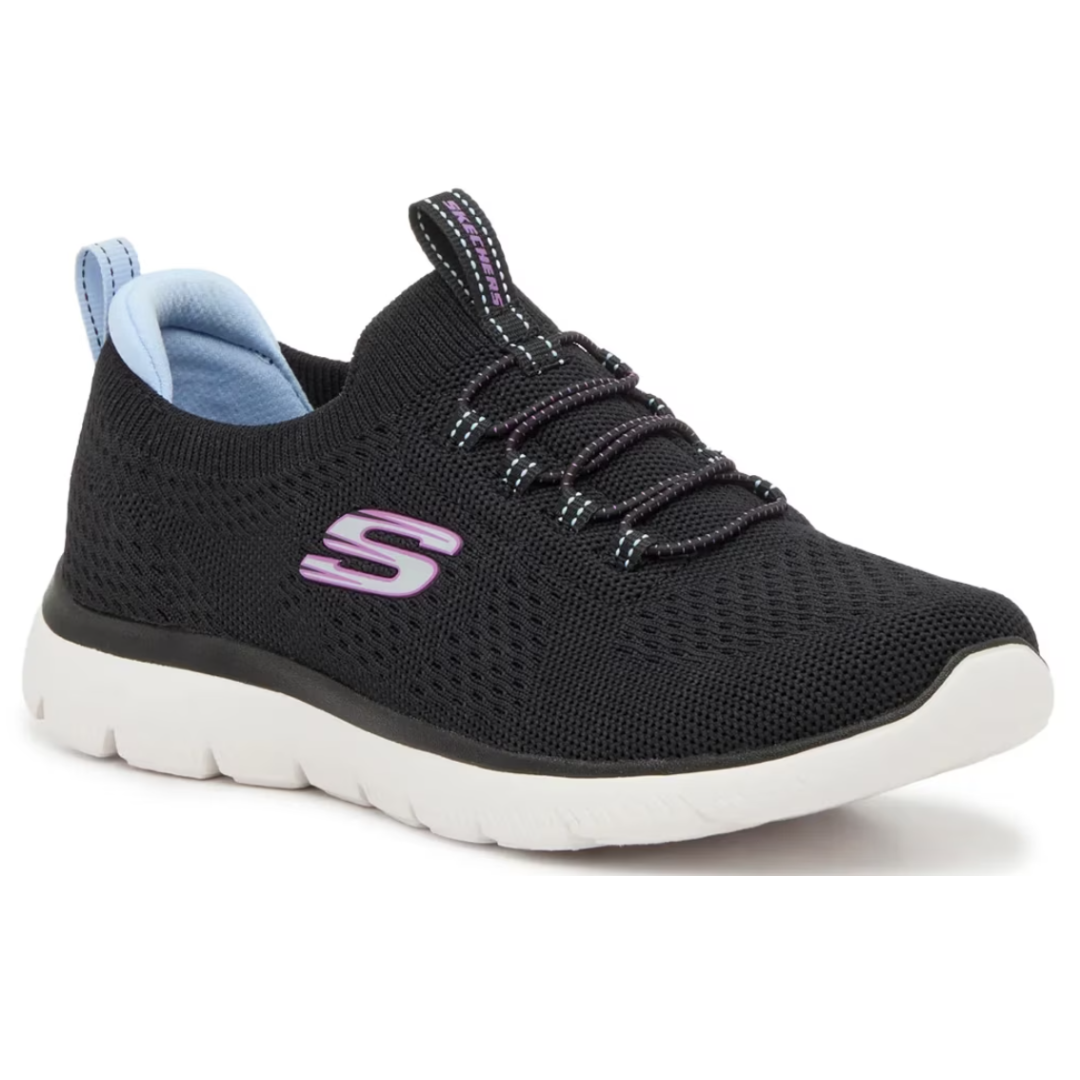 Black athletic shoe with a white sole, featuring a purple \“S\“ logo on the side and slip-on design with decorative laces.
