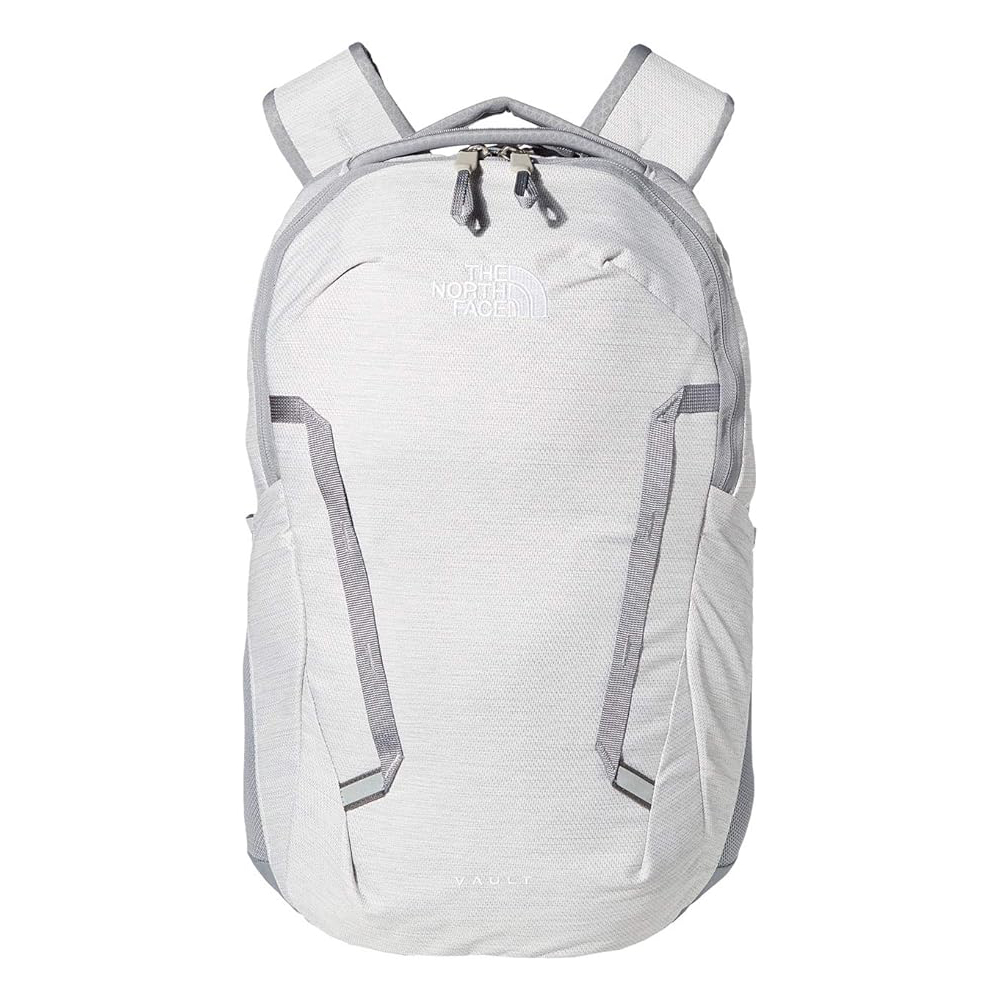 A light gray The North Face Vault backpack with zipper closures and adjustable shoulder straps.
