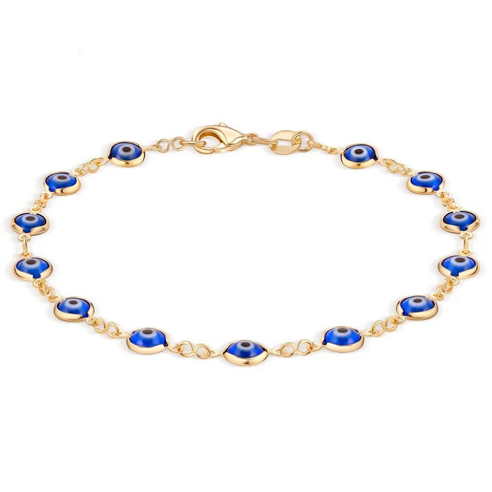 Gold bracelet featuring blue evil eye charms linked together.
