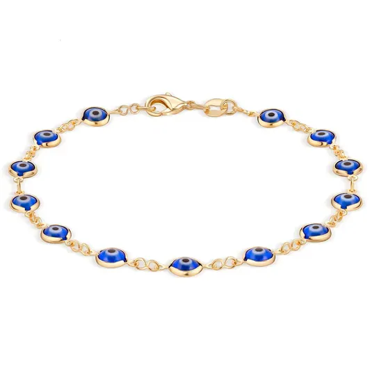 Gold bracelet featuring blue evil eye charms linked together.
