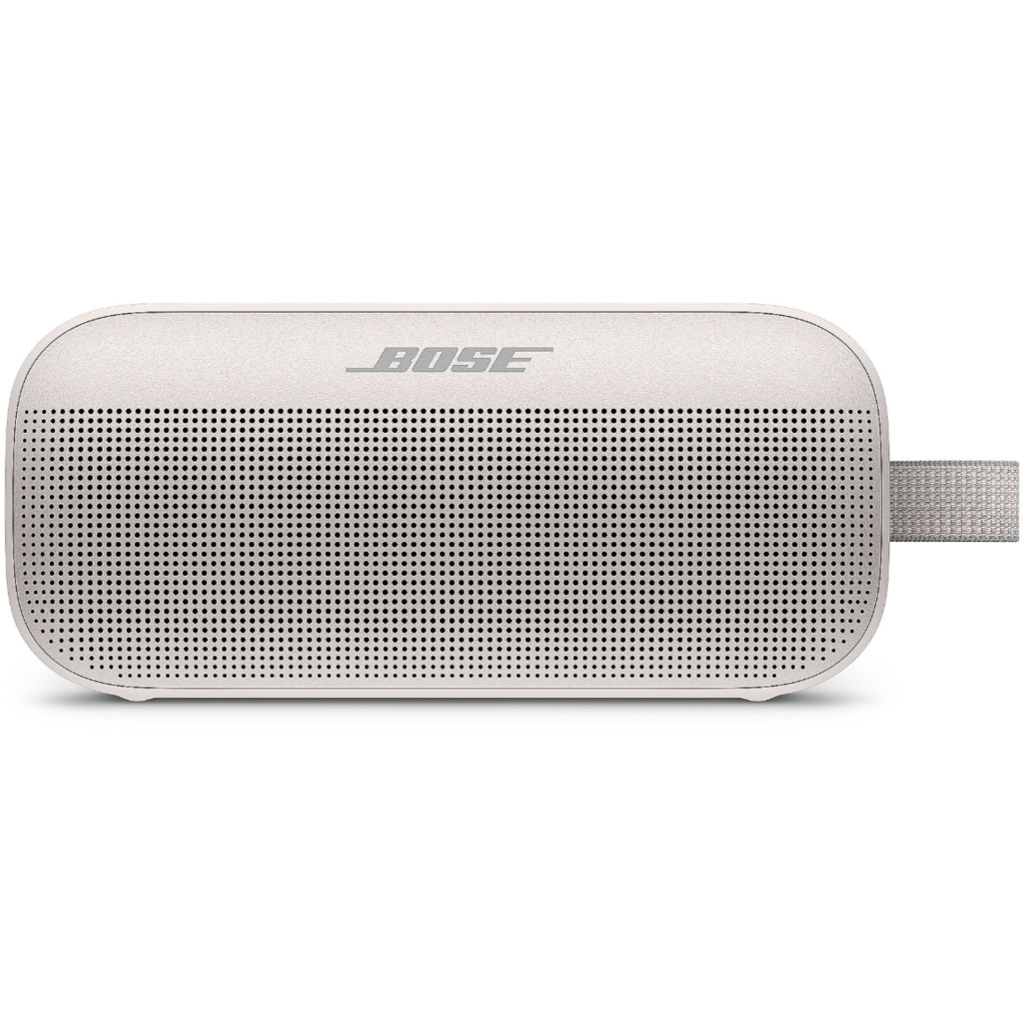 Bose portable Bluetooth speaker in a sleek, compact design with a fabric strap and perforated front for audio output, featuring the Bose logo on top.