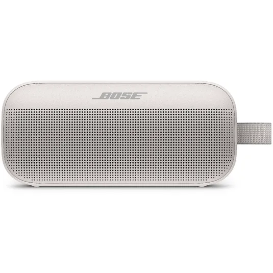 Bose portable Bluetooth speaker in a sleek, compact design with a fabric strap and perforated front for audio output, featuring the Bose logo on top.