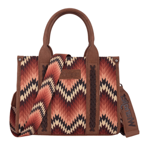 A handbag with a geometric, zigzag pattern in warm colors, featuring brown leather accents, handles, and a detachable strap. The bag includes braided details and a branded tag.
