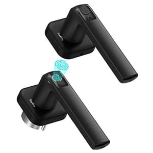 Smart door lock with fingerprint recognition, featuring two black handles and a digital touch sensor for secure access control.