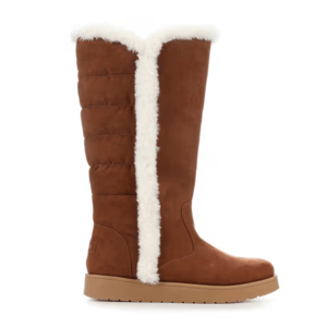Brown knee-high boot with white faux fur trim and a flat sole.