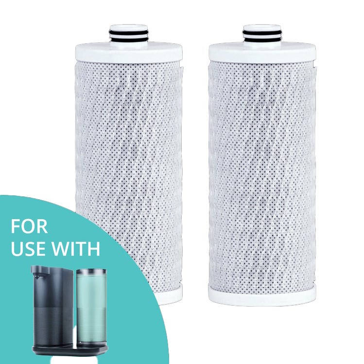 Two cylindrical water filter cartridges compatible with a specific water filtration system, shown in a small inset illustration.
