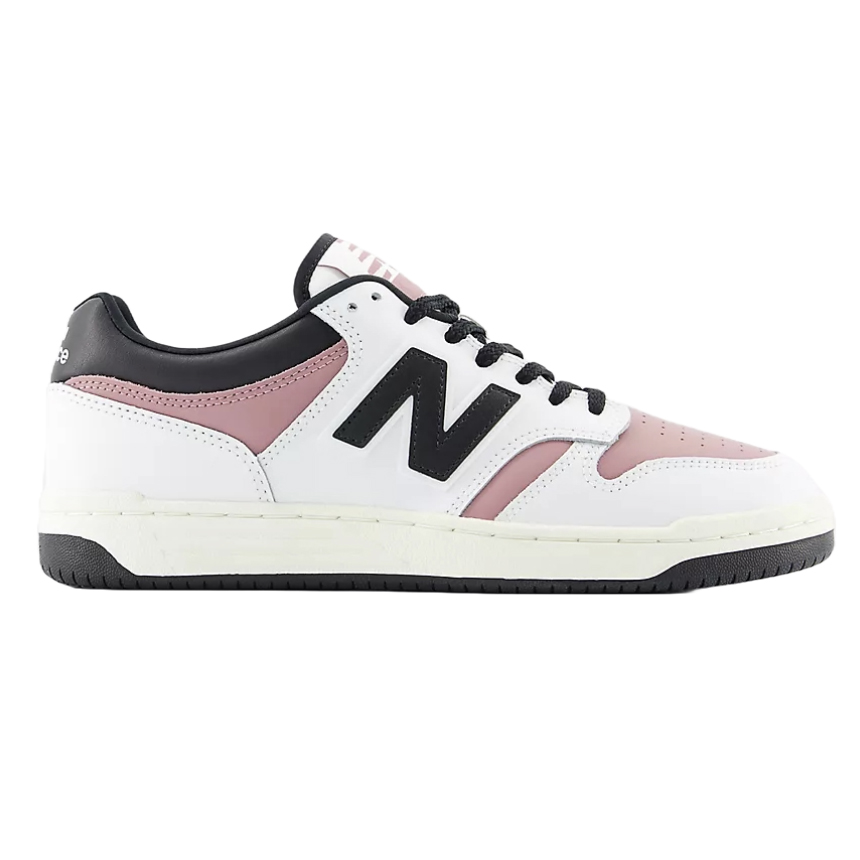 New Balance 480 Shoes feature a white base with pink and black accents, including a prominent black \“N\“ logo. They have a classic low-top design with a perforated toe box and a black sole.