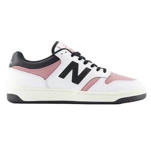 New Balance 480 Shoes feature a white base with pink and black accents, including a prominent black \“N\“ logo. They have a classic low-top design with a perforated toe box and a black sole.