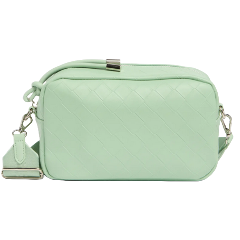 A mint green crossbody bag with a woven texture, featuring silver hardware and an adjustable strap.
