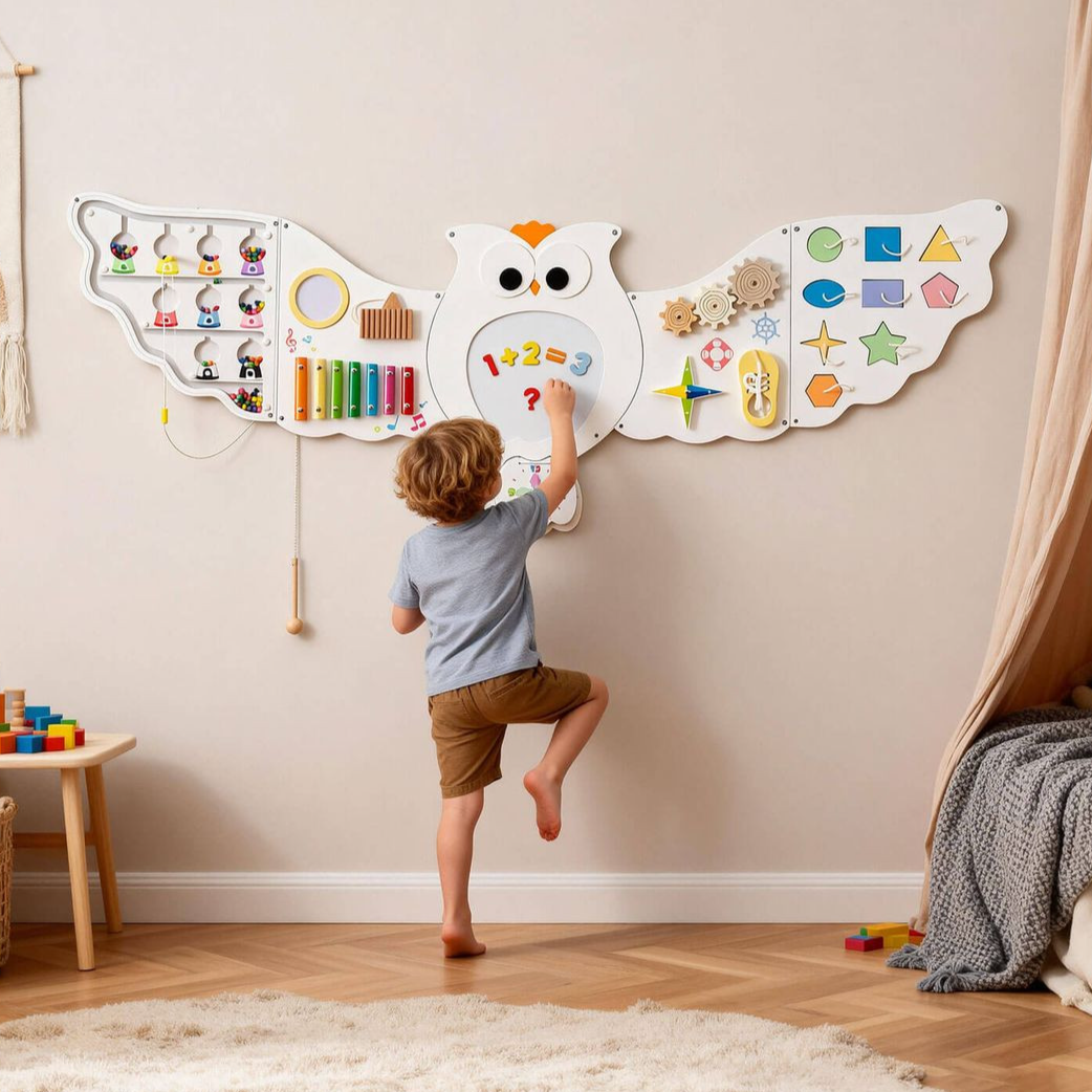 A young child interacts with a wall-mounted owl-shaped activity board featuring educational elements like musical bars, shapes, gears, and math problems, in a cozy, well-decorated playroom.