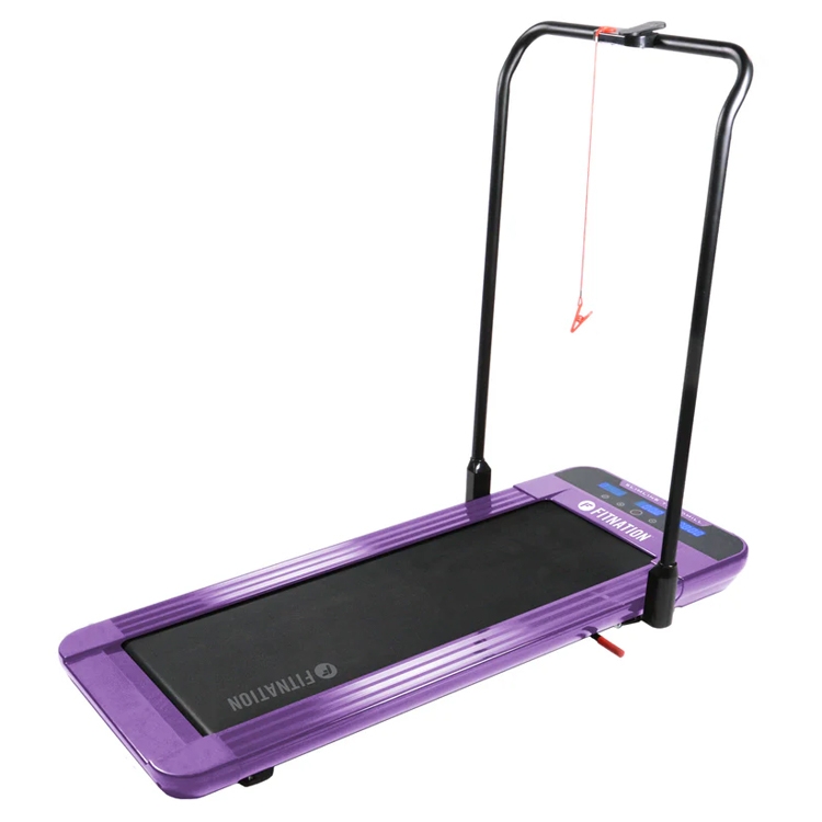 A purple treadmill with a minimalistic design, featuring a black walking surface, safety clip, and a simple control panel at the front.