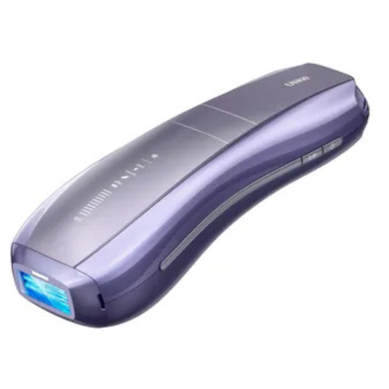 A handheld IPL (intense pulsed light) hair removal device with a sleek, purple design, featuring control buttons on the side and an illuminated treatment window.