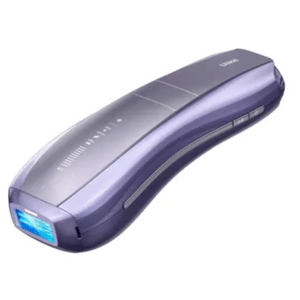 A handheld IPL (intense pulsed light) hair removal device with a sleek, purple design, featuring control buttons on the side and an illuminated treatment window.