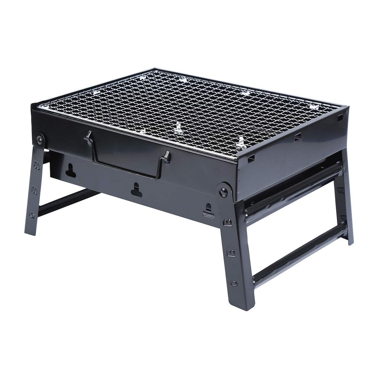 Portable black metal charcoal grill with a mesh cooking surface.