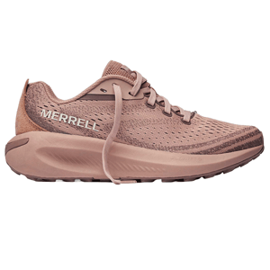 A tan Merrell running shoe with a breathable mesh upper and cushioned sole, featuring the brand name on the side.