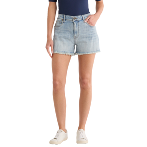 Light blue, high-waisted denim shorts with a frayed hem, featuring a classic five-pocket style and a button fly. Paired with white sneakers and a navy top.