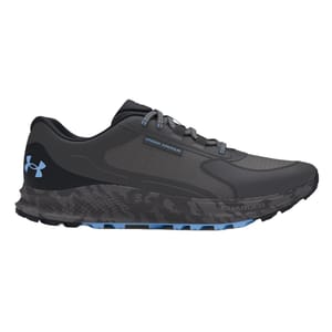 UA Women's Bandit Trail 3 Shoes: Black and grey trail running shoes with a camo-patterned midsole, featuring the Under Armour logo, lace-up closure, and \“Charged\“ cushioning technology.