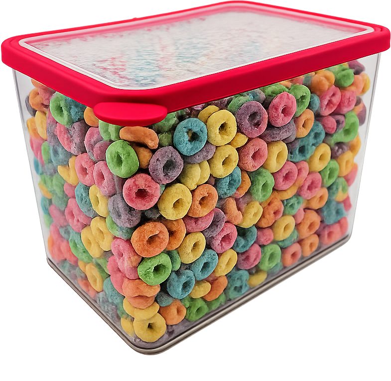 A clear, rectangular container with a red lid filled with colorful, circular cereal loops.