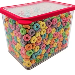 A clear, rectangular container with a red lid filled with colorful, circular cereal loops.