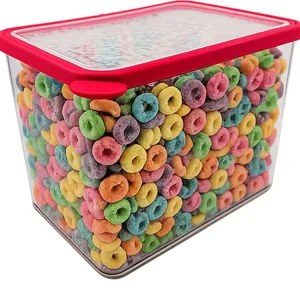 A clear, rectangular container with a red lid filled with colorful, circular cereal loops.