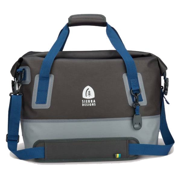 Sierra Designs waterproof duffel bag with blue straps and handles, featuring a roll-top closure for secure storage.