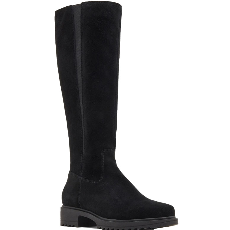 A black knee-high boot featuring a flat heel and a textured sole, made from a suede-like material.