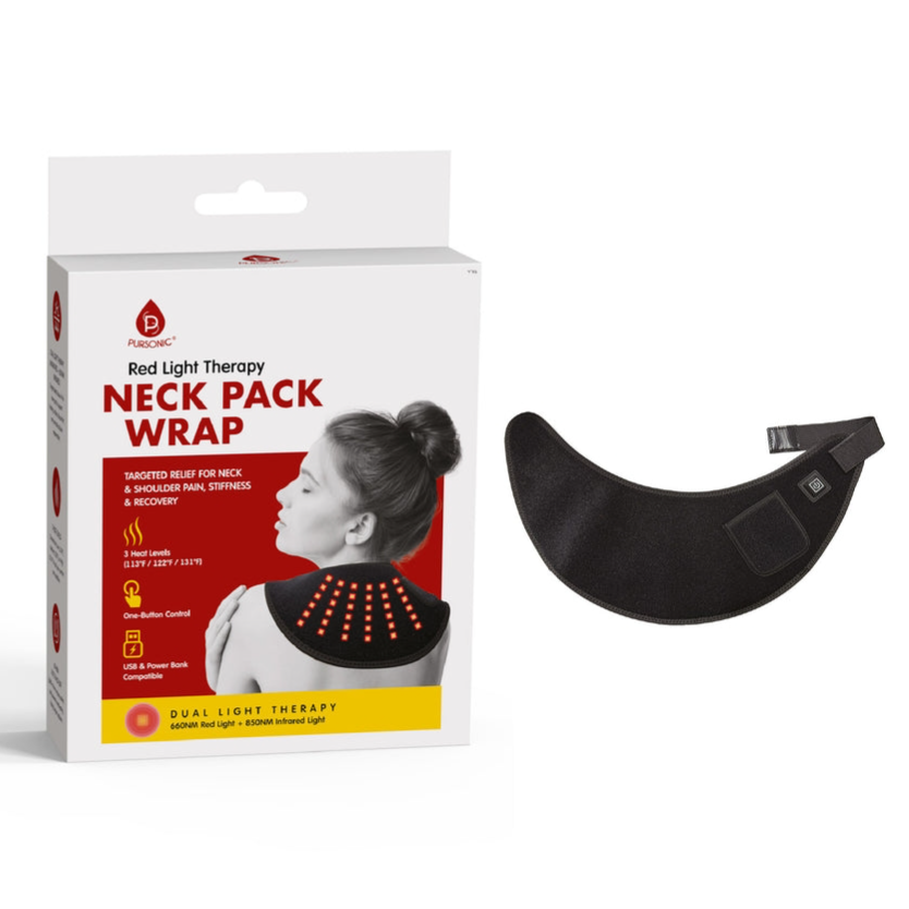 Neck pack wrap featuring red light therapy for targeted neck and shoulder pain relief, offering three heat levels and USB compatibility.