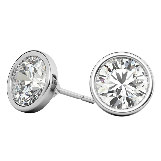 A pair of round bezel-set stud earrings featuring sparkling clear gemstones set in a silver-colored metal.