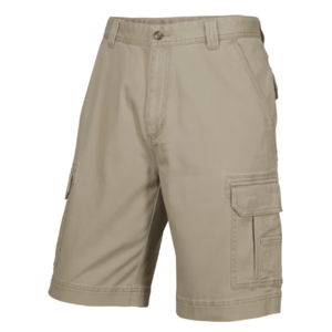 Khaki cargo shorts with multiple pockets.