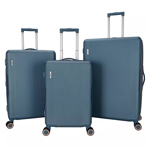 A set of three blue hard-shell suitcases with telescopic handles and four swivel wheels; sizes are small, medium, and large.