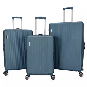 A set of three blue hard-shell suitcases with telescopic handles and four swivel wheels; sizes are small, medium, and large.