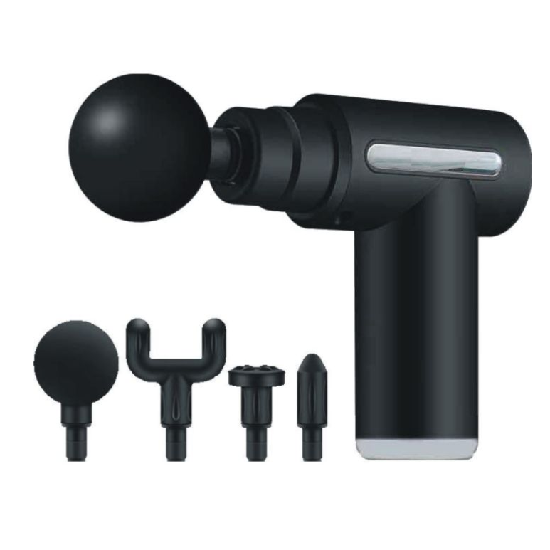 A handheld massage gun with four interchangeable attachments for targeted muscle relief, including ball, fork, flat, and bullet heads.