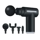 A handheld massage gun with four interchangeable attachments for targeted muscle relief, including ball, fork, flat, and bullet heads.