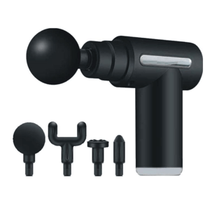 A handheld massage gun with four interchangeable attachments for targeted muscle relief, including ball, fork, flat, and bullet heads.