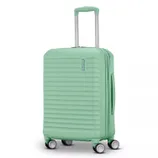 Mint green hard-shell suitcase with four spinner wheels, a telescopic handle, and horizontal ridged design for durability and style.