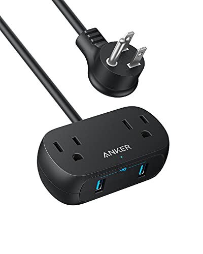 A power strip with three AC outlets and two USB-A ports, featuring a round plug and a compact black design.