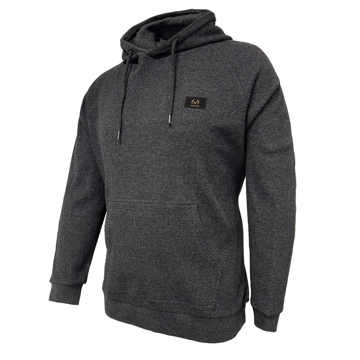 A dark gray heathered hoodie with a drawstring hood and a front pocket, featuring a small logo on the chest.